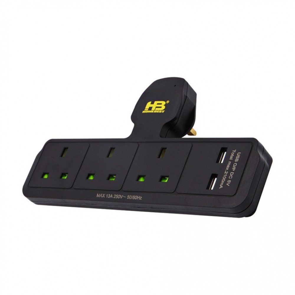هوم بست توصيلة جدارية 3 منافذ كهربائية ومنفذين USB - أسود