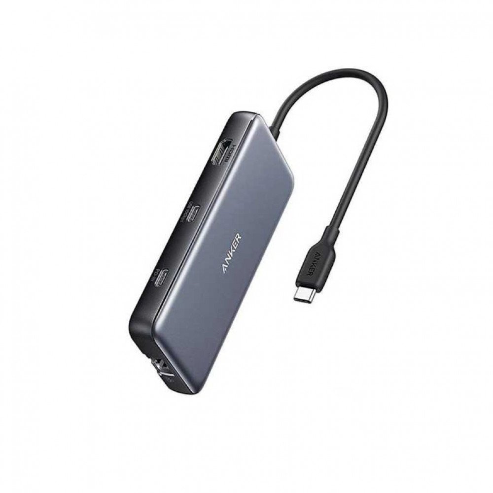 ‎موزع متعدد المنافذ ‎ 8في 1 انكر منفذين USB-A ومنفذين USB-C , منفذ HDMI , منفذ SD , منفذ Micro SD , منفذ Ethernet - رمادي